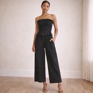 GILLI Strapless Cotton Smocked Bodice Wide Leg Jumpsuit Black M